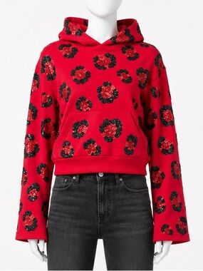 Discount Universe Fire Leopard Hoodie Red Hand Sequined Flare Sleeves XXL Rare